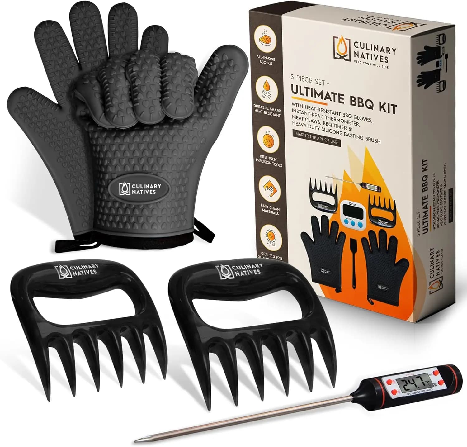 Fumatore and Artigli Gloves for Meat | Heat Resistant Barbecue Gloves No. 1 | Artigli for Carne | Thermometer | Silicone Fumatore