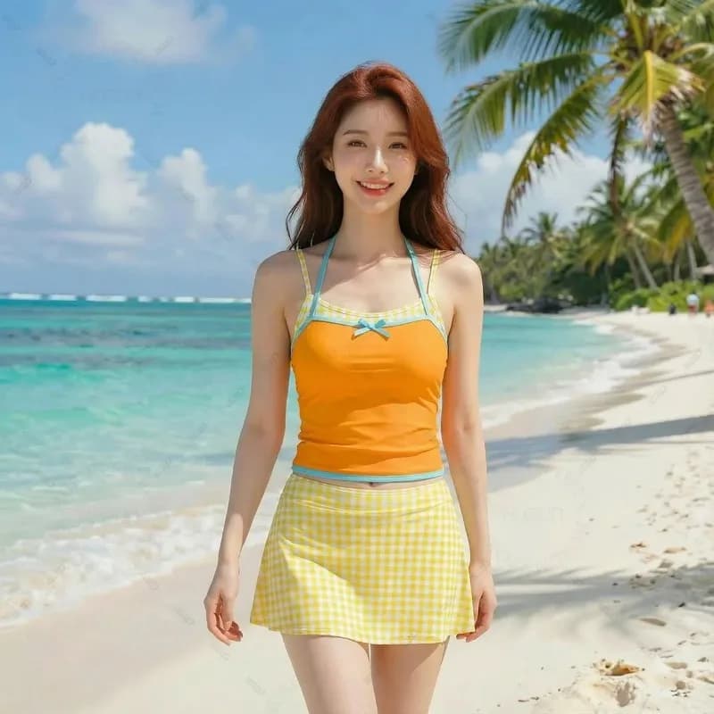 Costume da bagno a quadri da donna in 4 pezzi, costume da bagno a vita alta con gonna per la vacanza al mare