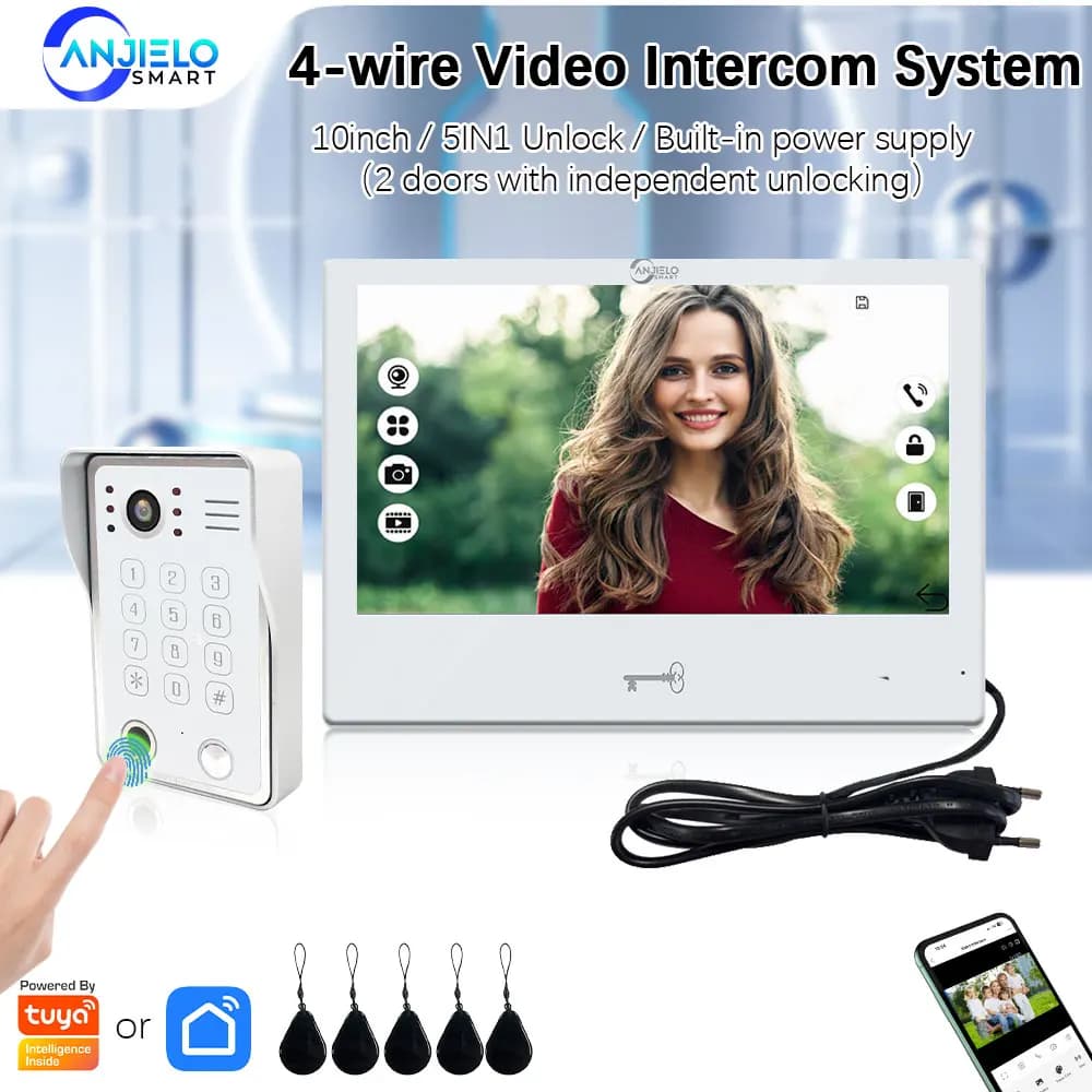 Sistema Videocitofonico ANJIELO con Sblocco Tramite Impronta Digitale 5in1 per Casa, Monitor Touch 1080P, Compatibile con Tuya Smart, Alexa e Google