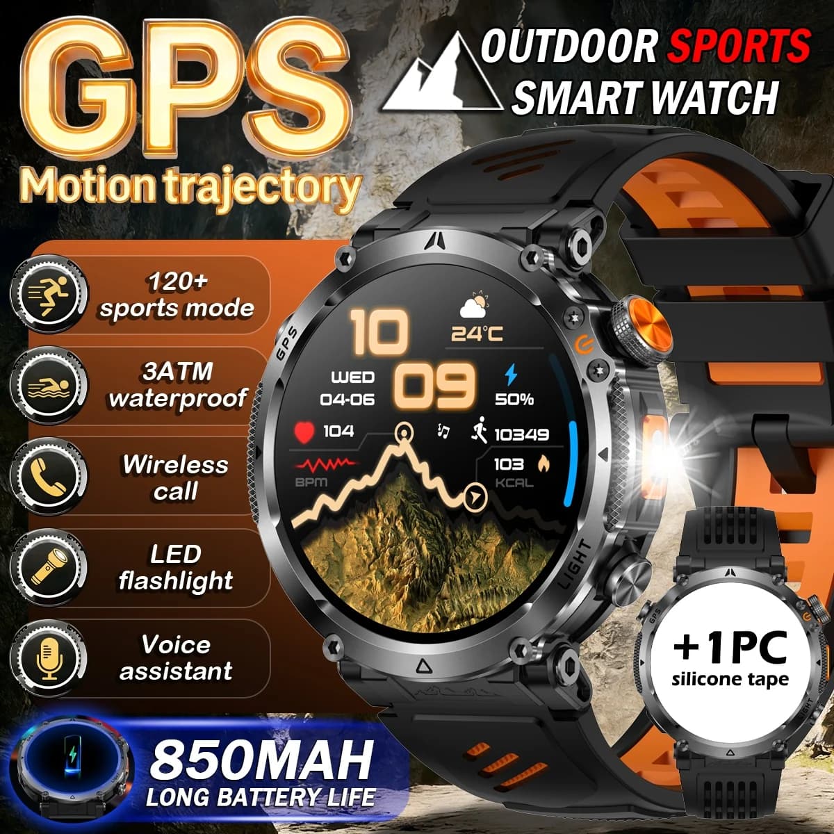 Outdoor Fitness Watch for Men Phone GPS Tracking Alloy Case LED Flashlight Compass Altimeter Barometer IPX8 126+ Sports Modes