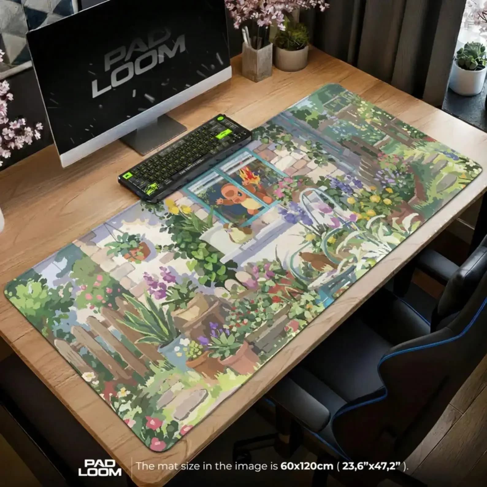 Tappetino per mouse Cottage Window, Tappetino da scrivania accogliente per gaming, Arte da giardino fantasiosa, Tappetino per tastiera XL con paesaggio anime, Regalo per amanti delle piante