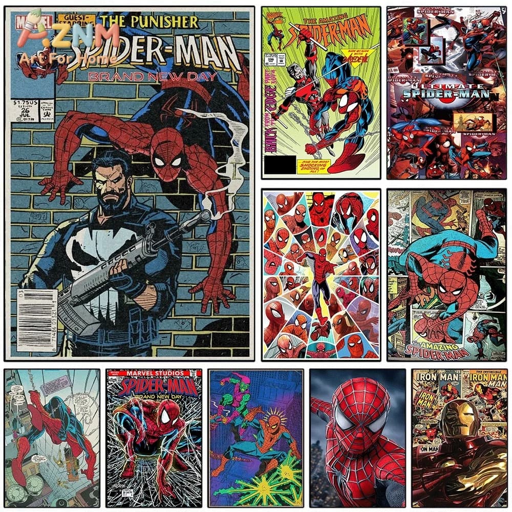 Spiderman Punisher Iron Man Canvas Wall Art Poster Vintage Marvel Comic Superhero Print Picture Home Bedroom Living Room Wall