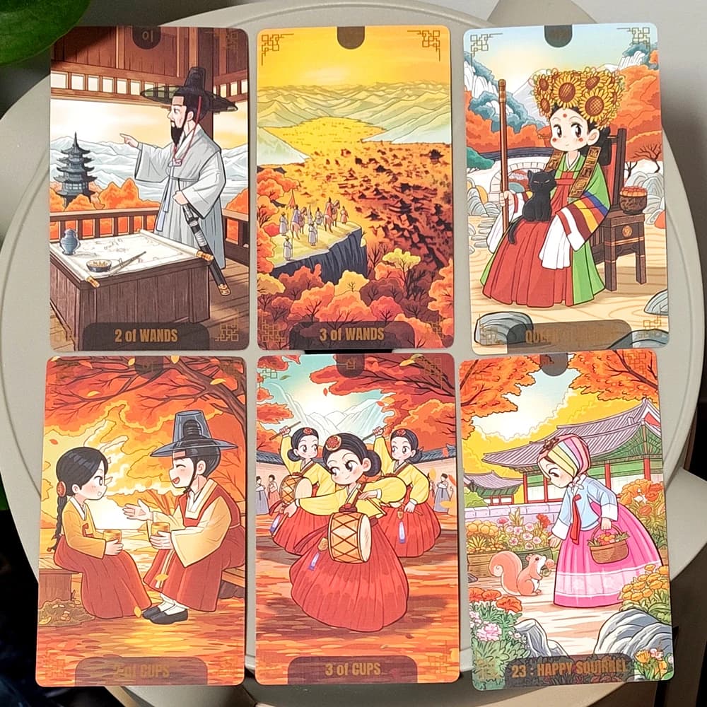 Korenji Tarot 78 Carte in Stile Hanbok Coreano per Collezionisti in Scatola Rigida 12*7cm Intramontabili nel Mazzo di Tarocchi Chibi Autunnali