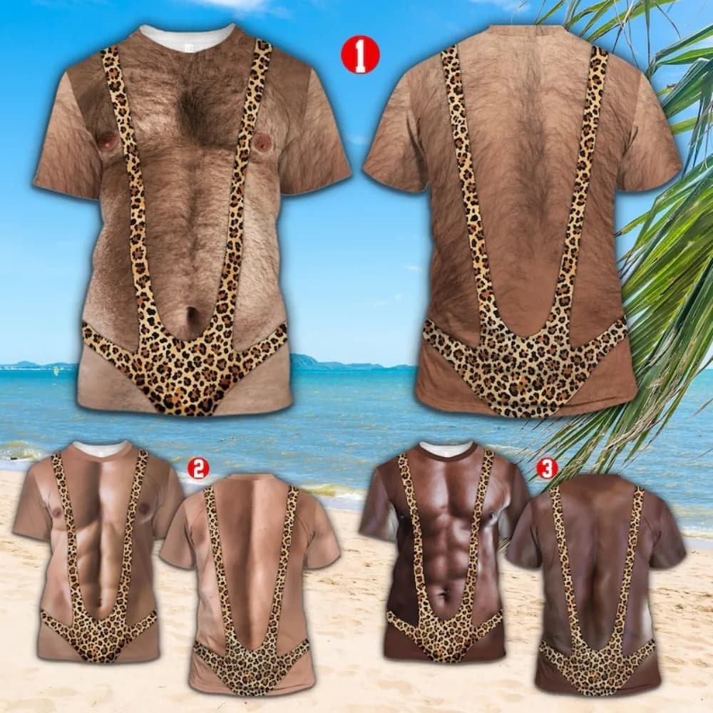 Men's 3D Muscle Print Swim Tee, Fun Leopard Print Bikini-Style Top, Adult Party Costume Top, Beach Bachelor Party Gift