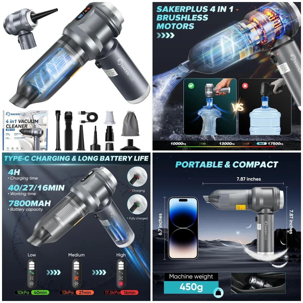 Aspirapolvere per auto ricaricabile 4 in 1, alta potenza 17500PA con luce LED e ugelli multipli - Grigio chiaro