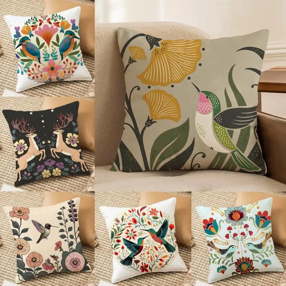 Pillow sheet with natural prints of plants, birds and flowers, elegant and silky, comfortable, for sofa bed, with invisible zipper, beach pillowcase