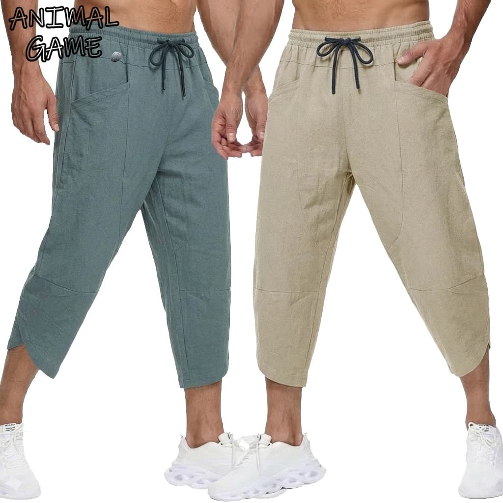 Pantaloni corti casual da uomo in lino estivi, pantaloni da spiaggia con tasche per palestra, pantaloni larghi leggeri e traspiranti per uomo, pantaloni da escursionismo per palestra all'aperto