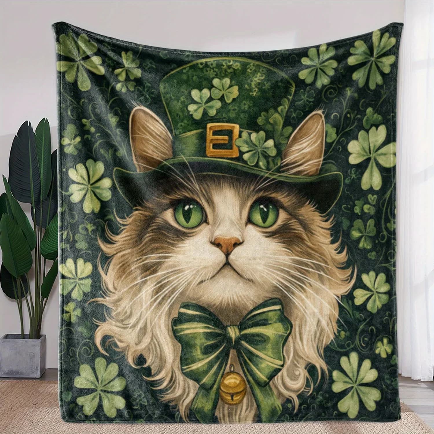 Coperta con trifoglio di gatto di San Patrizio - Flanella vintage, morbida e accogliente per tutte le stagioni per divano/letto/auto/ufficio/viaggio