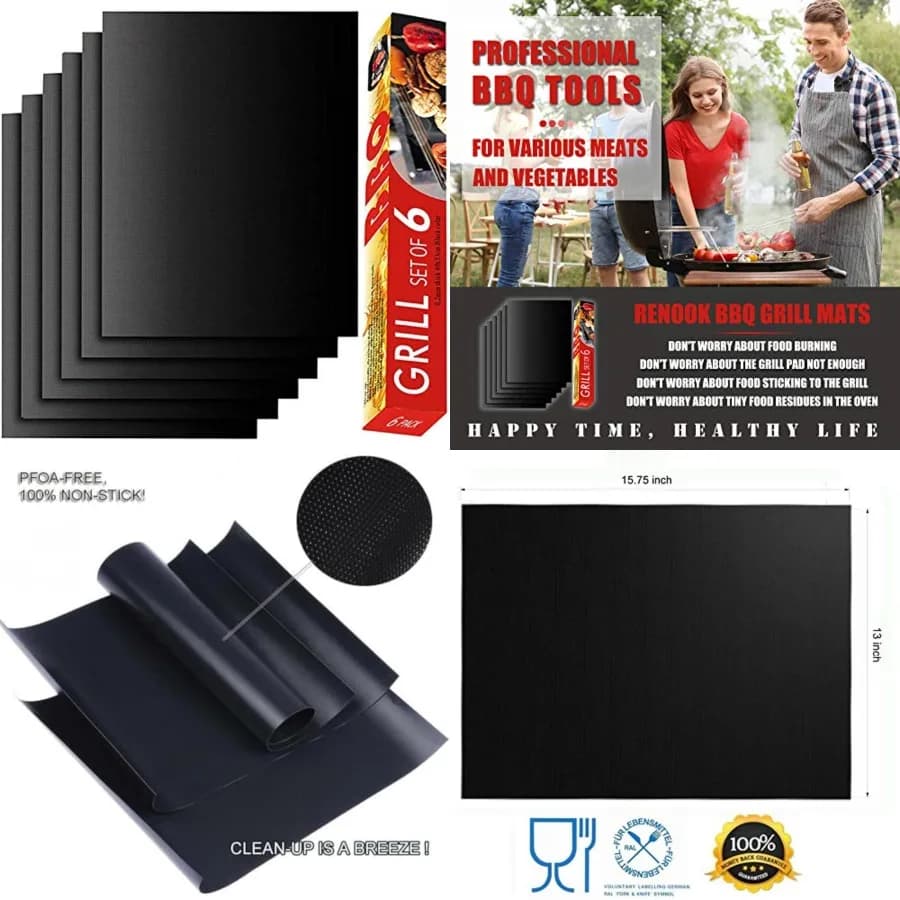Grill Mat Set of 6-100 Non-Stick Reusable Mats for Gas, Charcoal or Electric Grills - Easy to Clean - -Inch