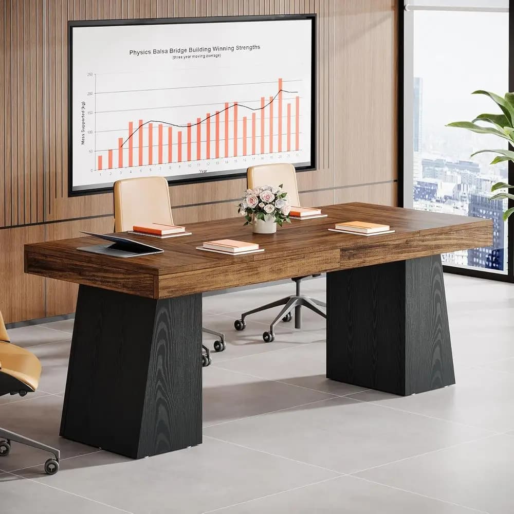 Tavolo da Riunione a 4 Posti con Gambe Trapezoidali Doppie, Piccola Scrivania per Seminari in Legno per Sala Conferenze, Marrone Rustico e Nero