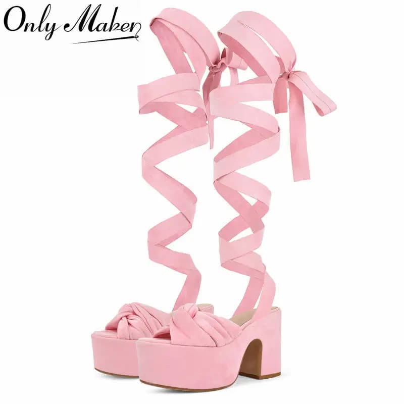 Onlymaker Sandali da donna con plateau, punta aperta, tacco grosso, allacciatura in finta pelle scamosciata, per abiti da festa, sandali estivi alla moda