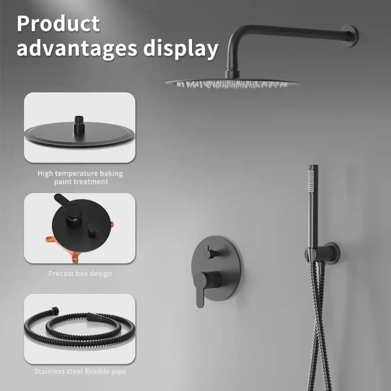 Sistema Doccia a Parete Nascosto Nero Opaco, Monocomando in Ottone con Valvola in Ceramica, Design Moderno Rettangolare