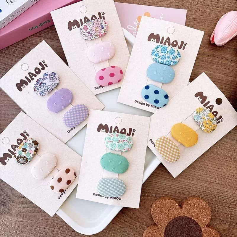 3Pcs Korean Fabric Hair Clip Baby Girl Bangs Hairpins Elliptical Cute Flower BB Barrettes Macaron Color Mini Hair Accessories