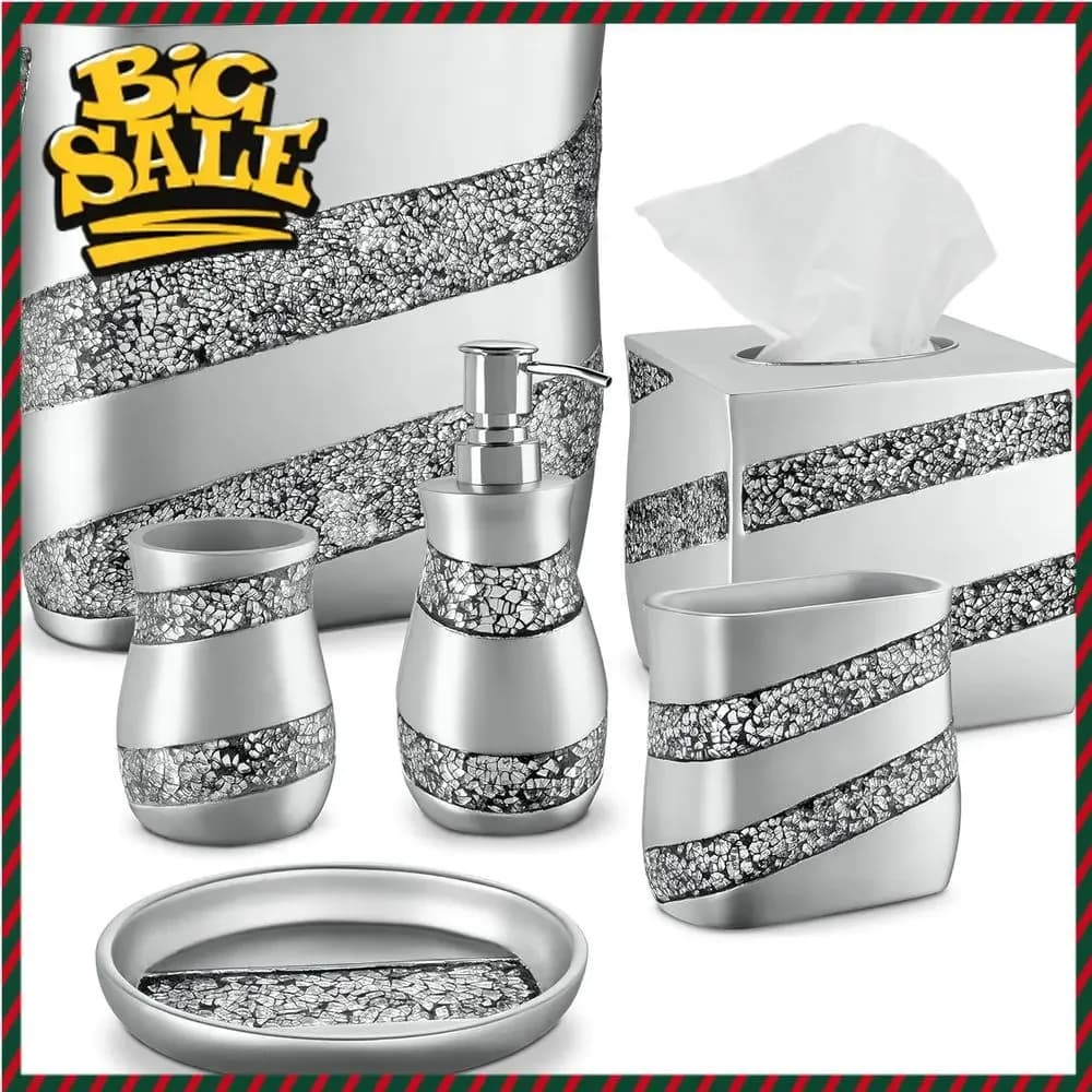 Set di Accessori da Bagno in Argento a 6 Pezzi: Cestino, Porta Carta Igienica, Dispenser Sapone, Porta Spazzolino, Bicchiere e Portasapone