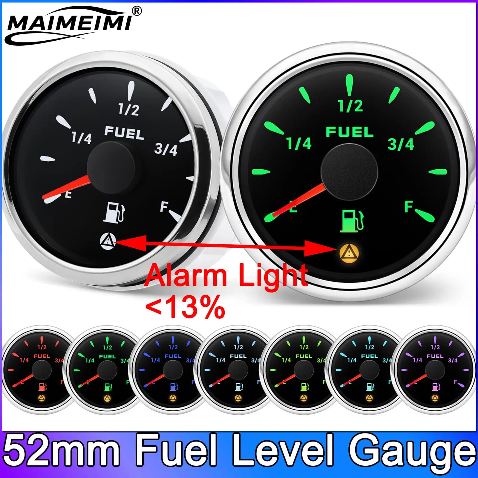 Indicatore Livello Carburante 52MM con Retroilluminazione a 7 Colori e Luce di Avvertimento 0-190 240-33Ohm per Auto, Nautica, Camper, Yacht, Barca 9-32V
