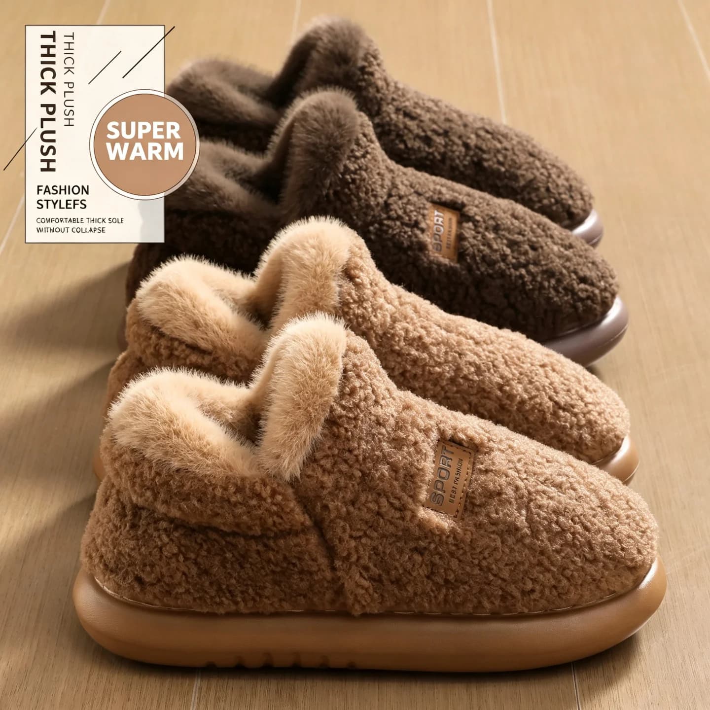 Winter Warm Slippers Women Men Fluffy Teddy Fleece Plush Indoor House Shoes Platform Cushion Sole Anti-Slip Bedroom Booties