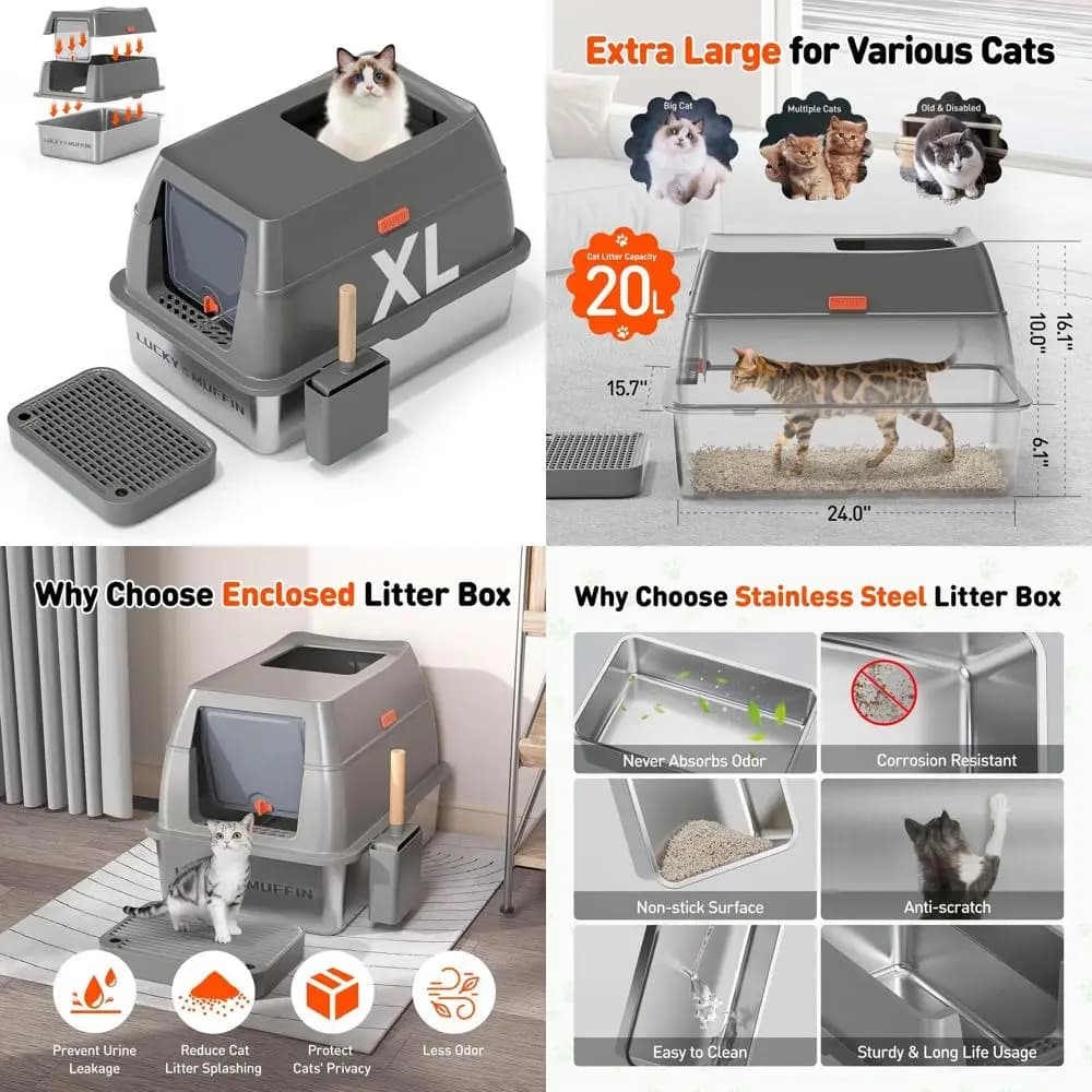 Lettiera per Gatti Extra Large in Acciaio Inossidabile con Coperchio Rimovibile, Bordi Alti, Controllo Odori, Facile da Pulire per Gatti Grandi