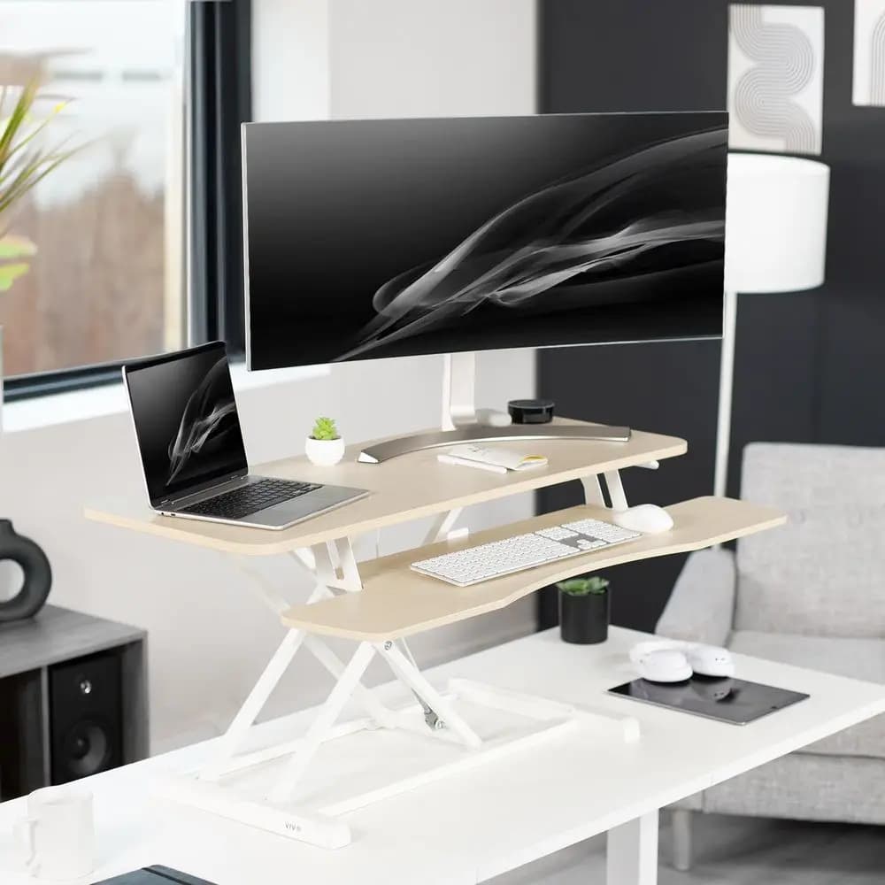 Convertitore da scrivania da 42 pollici, serie K, supporto regolabile in altezza per posizione seduta e in piedi, postazione di lavoro per doppio monitor e laptop con tastiera ampia