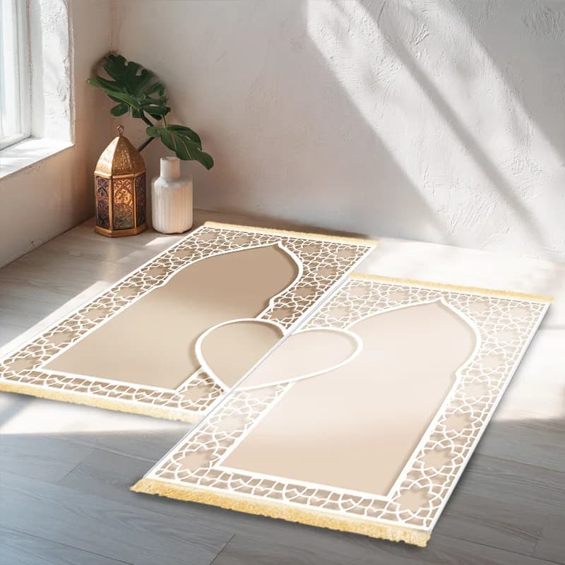 VIKAMA Set of 2 Islamic prayer mats for Muslim couples and families, folding mat with tassels, coordinated unisex prayer carpet