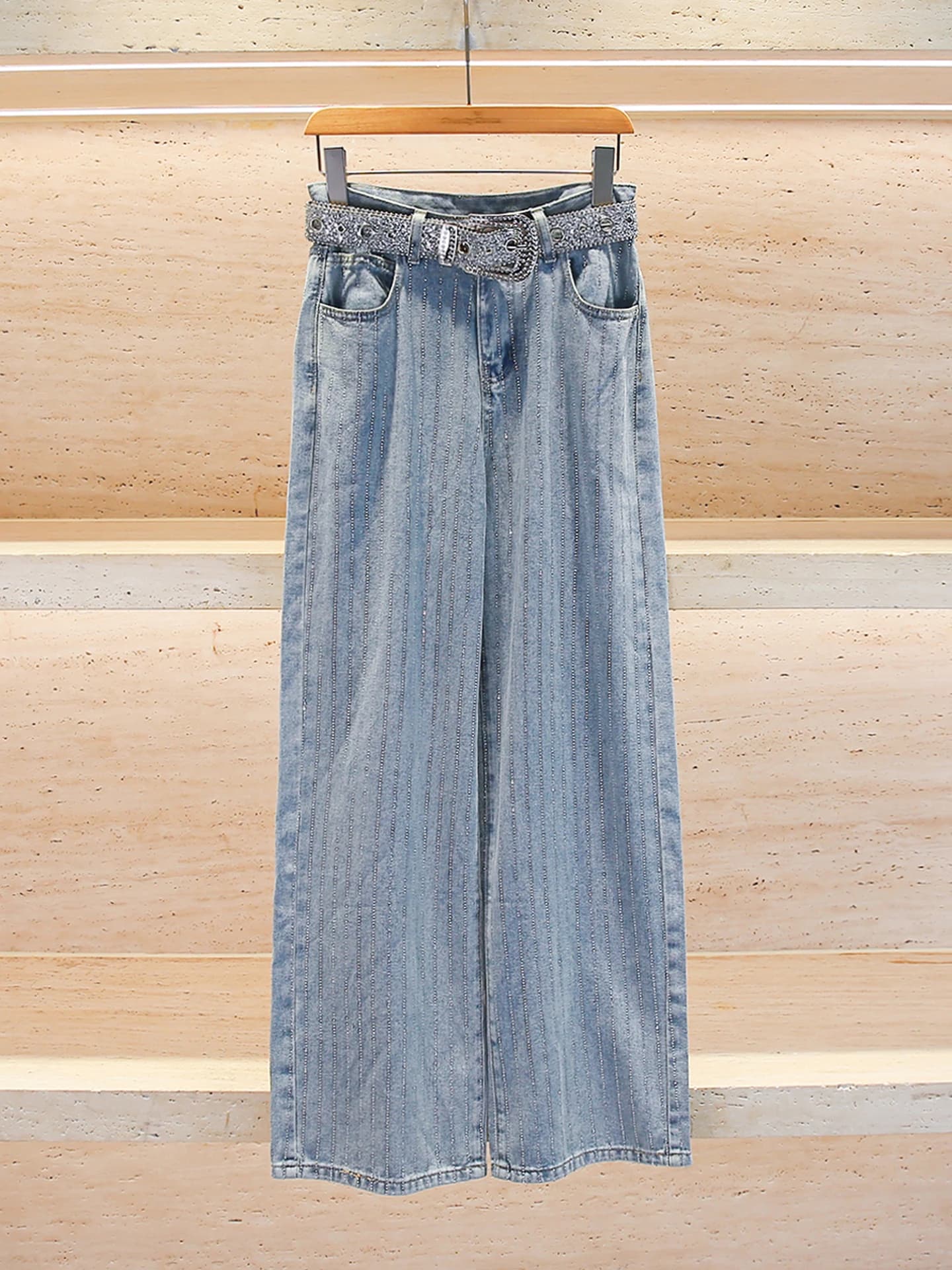 Jeans a Vita Alta a Gamba Larga Casual da Donna Autunno 2025 con Cintura a Strisce e Diamanti, in Denim