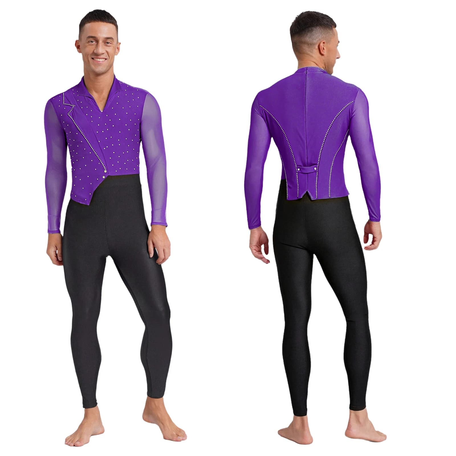 Tuta da ballo asimmetrica moda uomo maniche lunghe strass tuta in rete per pattinaggio di figura ginnastica performance sul palco