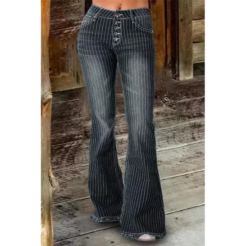 Stripe Jeans Women Mid Waist Flare Pants Ladies Trousers Female Casual Slim Summer Button High Strecth Elegant Office Lady