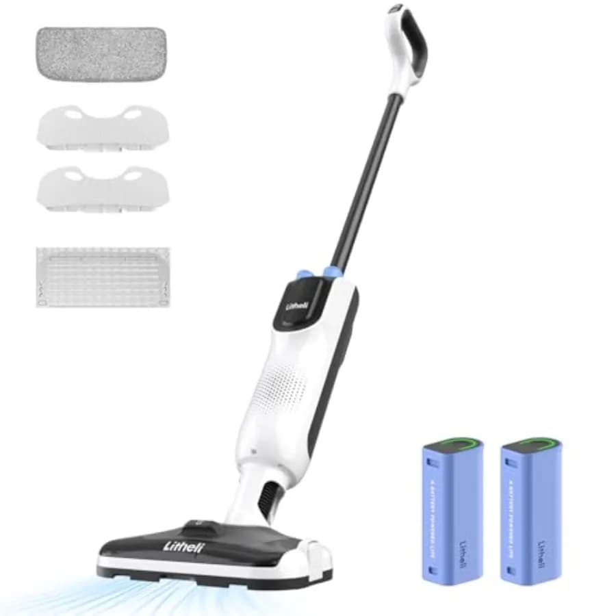 Aspirapolvere e Lavapavimenti Senza Fili 2-in-1 per Pavimenti Duri, con 2 Contenitori per la Polvere, 14 Panni Usa e Getta e 1 Lavabile