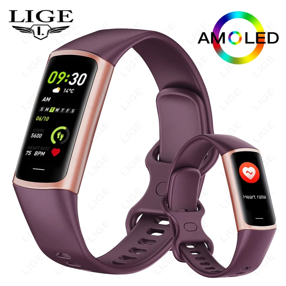 LIGE 2024 Smart Wristband Sport Fitness cardiofrequencymeter Smartwatch AMOLED Screen Waterproof Smart Bracelet for Women New