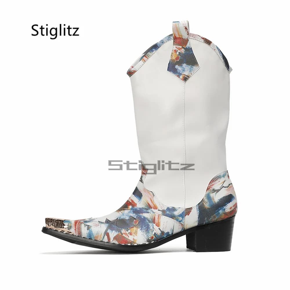 Stivali da equitazione con stampe in vera pelle da uomo Punta a punta Zip laterale Graffiti Tacchi alti Stivali occidentali Scarpe da lavoro punk fatte a mano