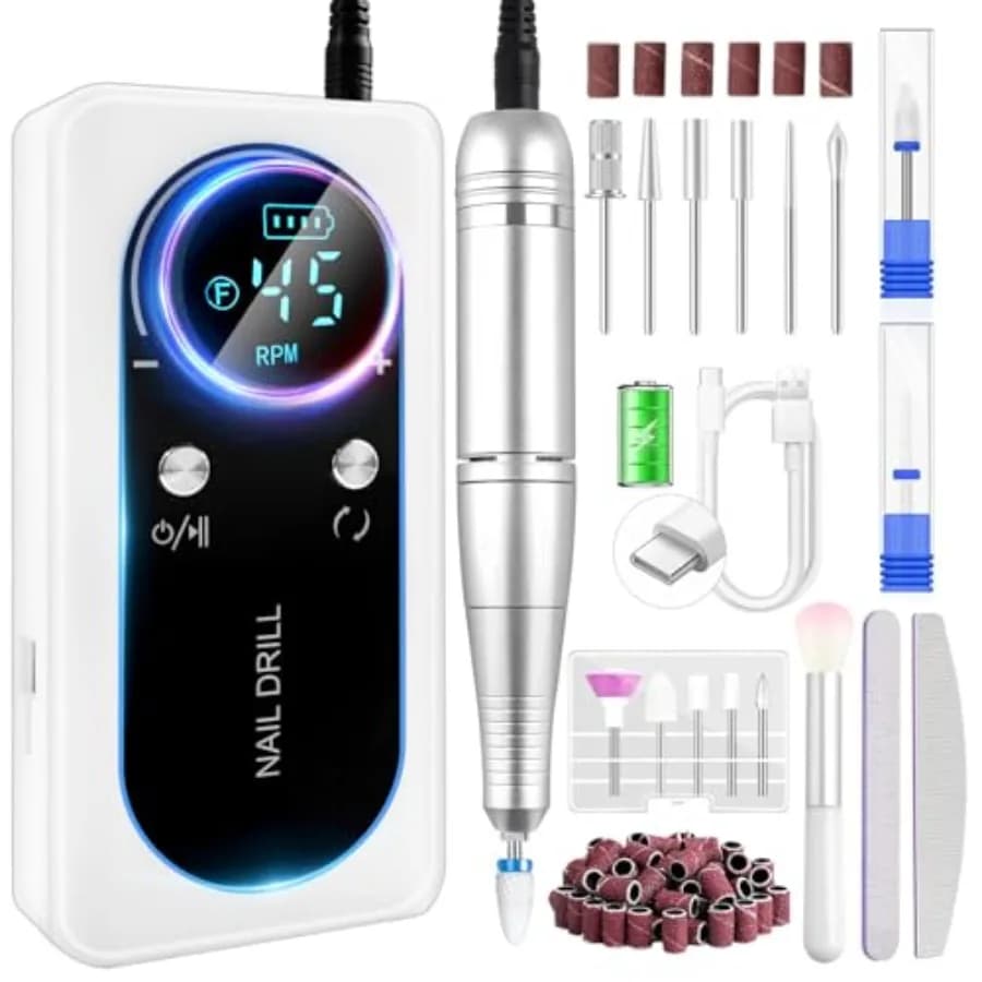 Electric Nail Drill 45000 RPM for Acrylic Nails and Gel Polishing, Rechargeable, Lightweight, High-Tech Professional Kit, Red