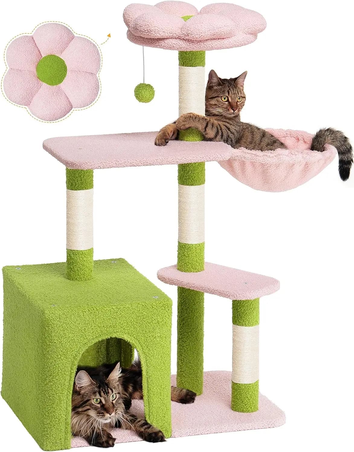 Albero per Gatti con Fiori per Interni, Grande Cuccia a 2 Porte per Gatti Adulti, Torre per Gatti Carina da 105 cm con Tiragraffi