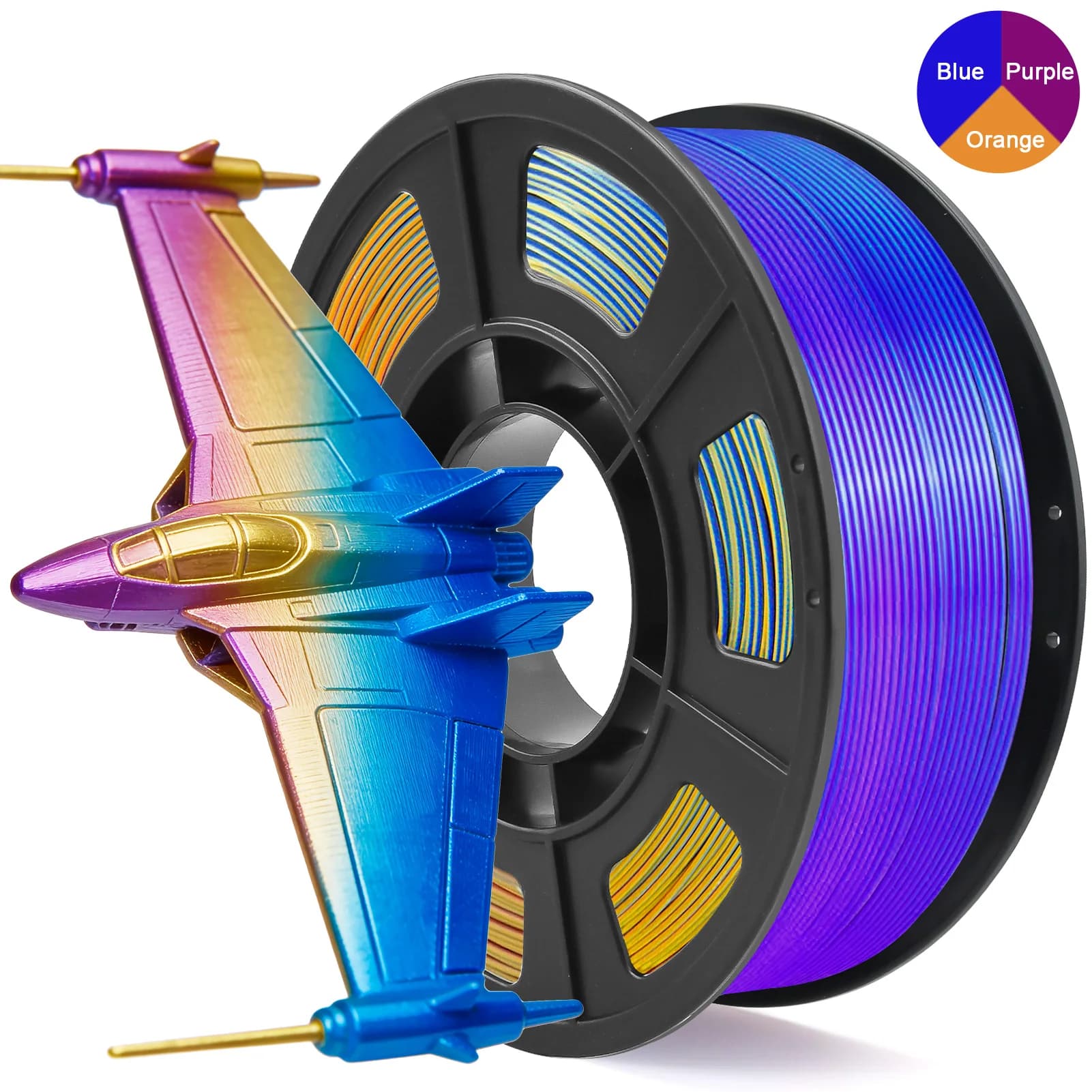 3D Printer Filament in PLA Tricolor Silk, 1.75mm Multicolor, Blu&Viola&Arancione, 250g (0.55 pounds)