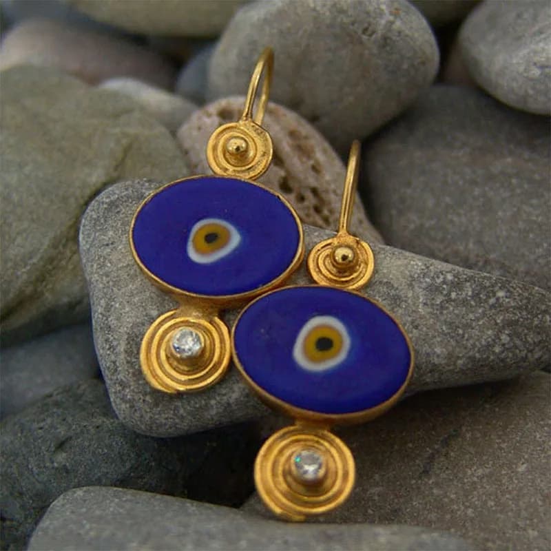 Gold Plated Oval Blue Evil Eye Dangle Hook Earrings Handmade Enamel Nazar Eye With Clear Zircon Spiral Frame Vintage Turkish Boho Amulet Protection Women Statement Jewelry