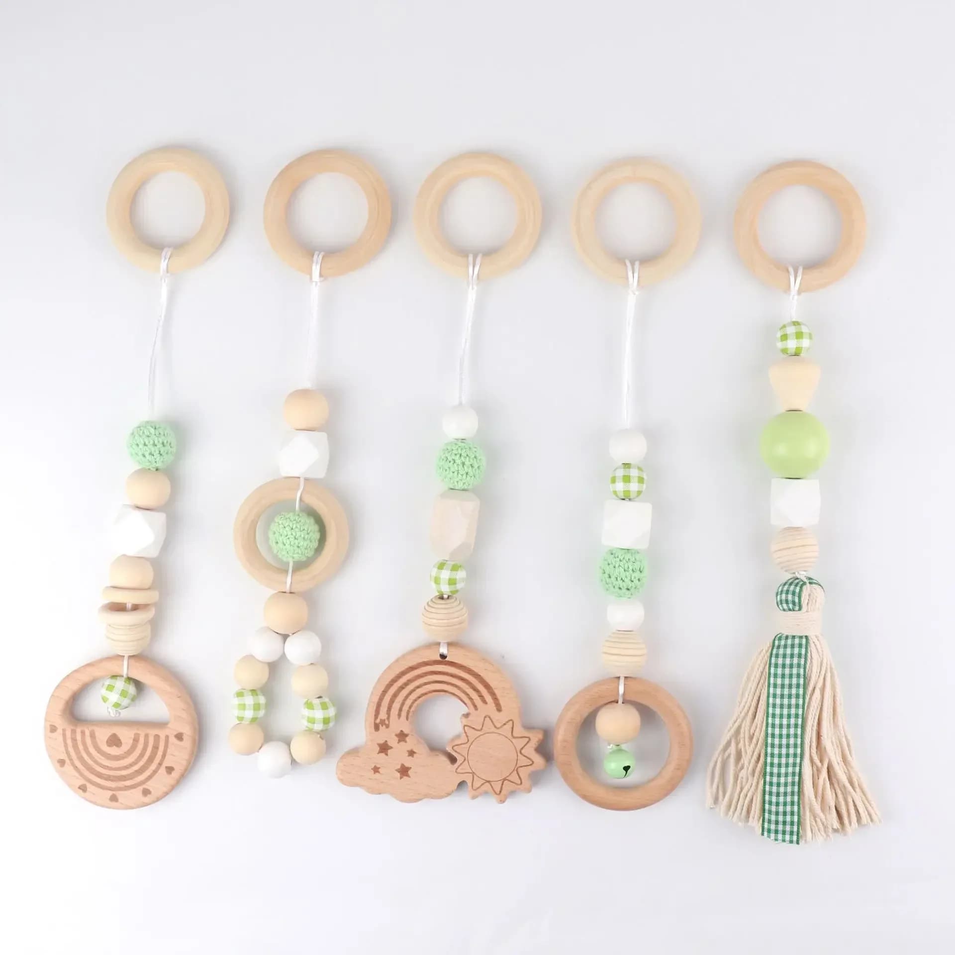 5pcs Baby Play Gym Frame Wooden Beech Activity Gym Frame Stroller Hanging Pendants Toys Teether Ring Nursing Rattle Room Decor