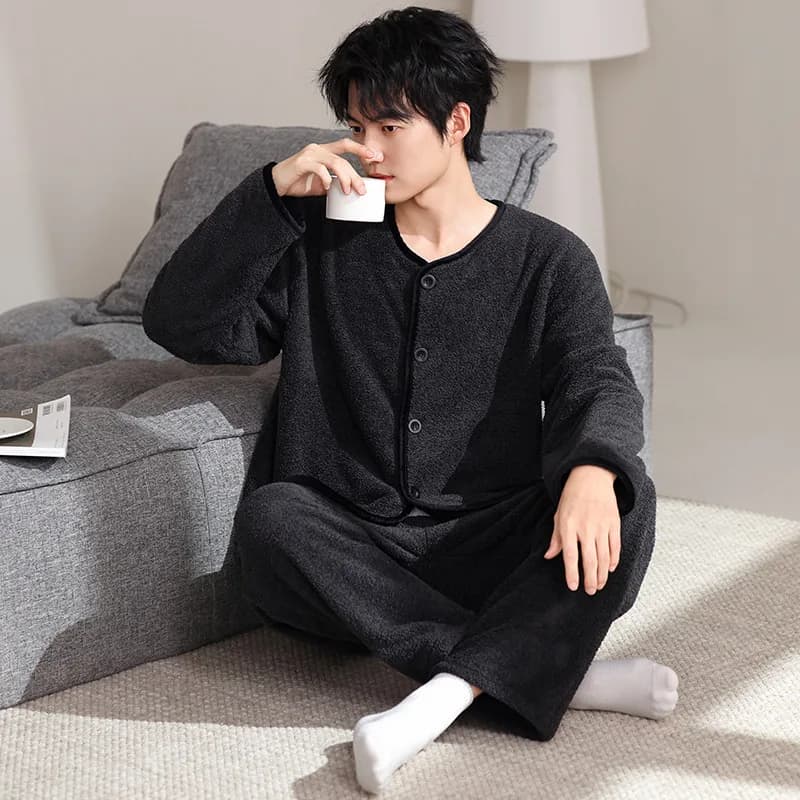 Pigiama da notte da uomo autunno e inverno pantaloni a maniche lunghe in mezzo pile 2025 set di abbigliamento da casa ispessito in pile