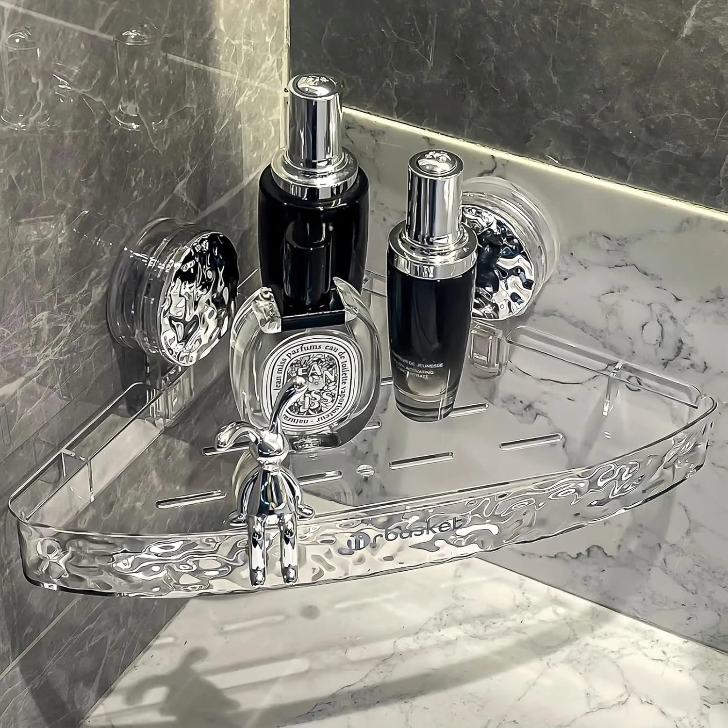 Mensola angolare trasparente per doccia con ventose, organizer portaoggetti da bagno senza foratura con 4 ganci