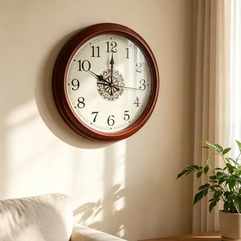 Silent Round Wall Clocks Baroque Solid Wood Wall Clocks No Drilling Required Farmhouse Nordic Retro Classic Luxury Home Decor