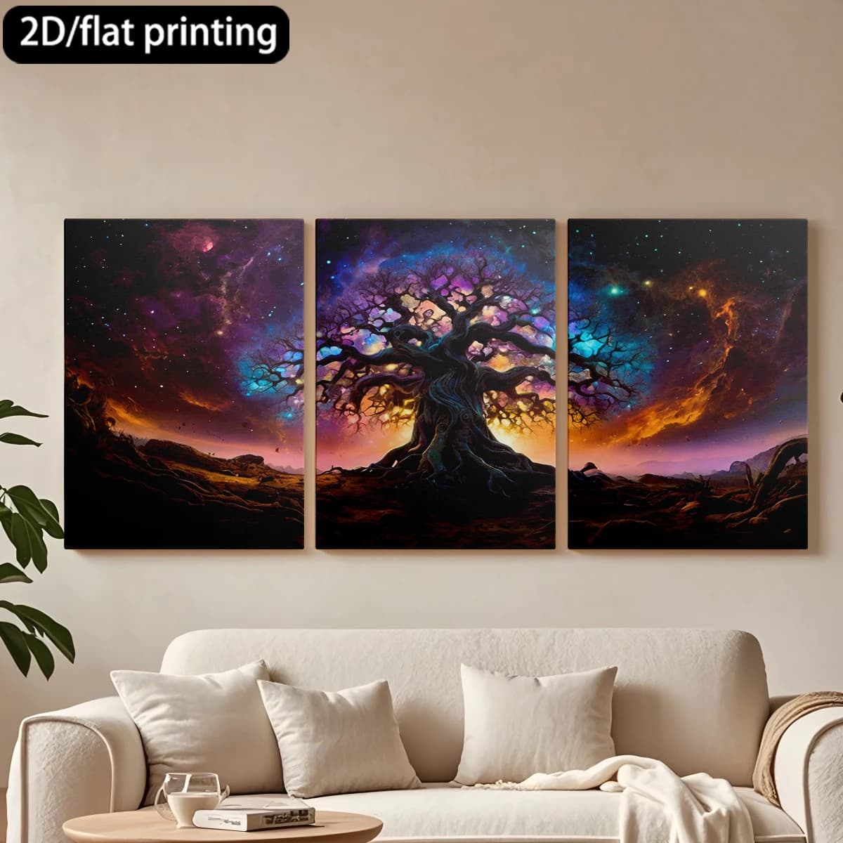 Decorative painting on canvas with wooden frame, 3 pieces. Majestic tree, cosmic landscape, stars. Tende per camera da letto ikea.