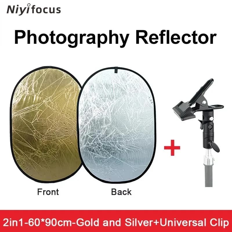 Reflector Portable Round 2in1 30cm 60cm 80cm 110cm for Photography, Diffuser Light Folding Silver Gold with Clamp Light
