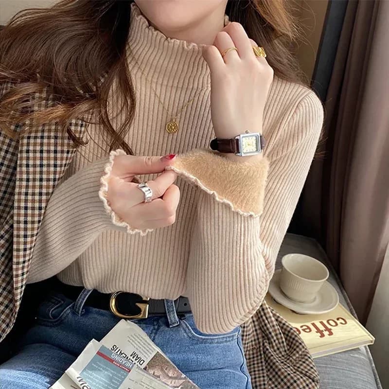 Autunno Inverno Donna Ruffles Maglione con collo a lupetto Addensare in pile caldo Pullover termico per le donne Maglione di cashmere 2024