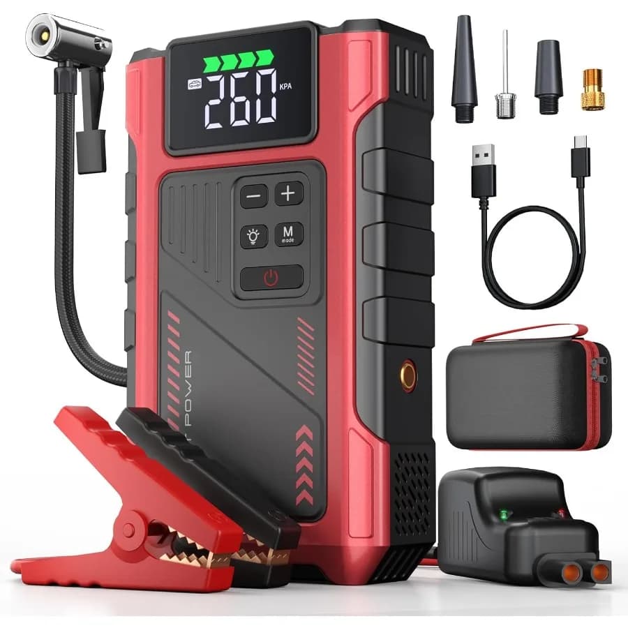 Avviatore di Emergenza per Auto 4500A con Compressore d'Aria, Caricabatterie Portatile per Veicoli 12V, Power Bank con Gonfiatore Pneumatici 150PSI 9.0L
