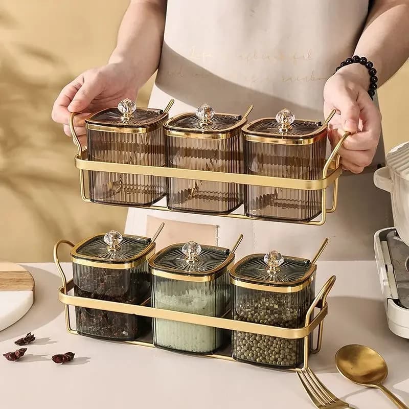 Set di Barattoli da Cucina Creativi Trasparenti a Strisce, Contenitori per Spezie e Peperoncino, Zuccheriera Placcata Oro, Contenitori per Cereali, Utensili da Cucina