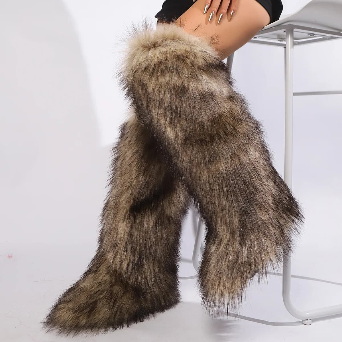 Winter Knee High Mongol Fur Boots for Women 2025 New snow boots with flat heel Long plush shoes Plus Size 46