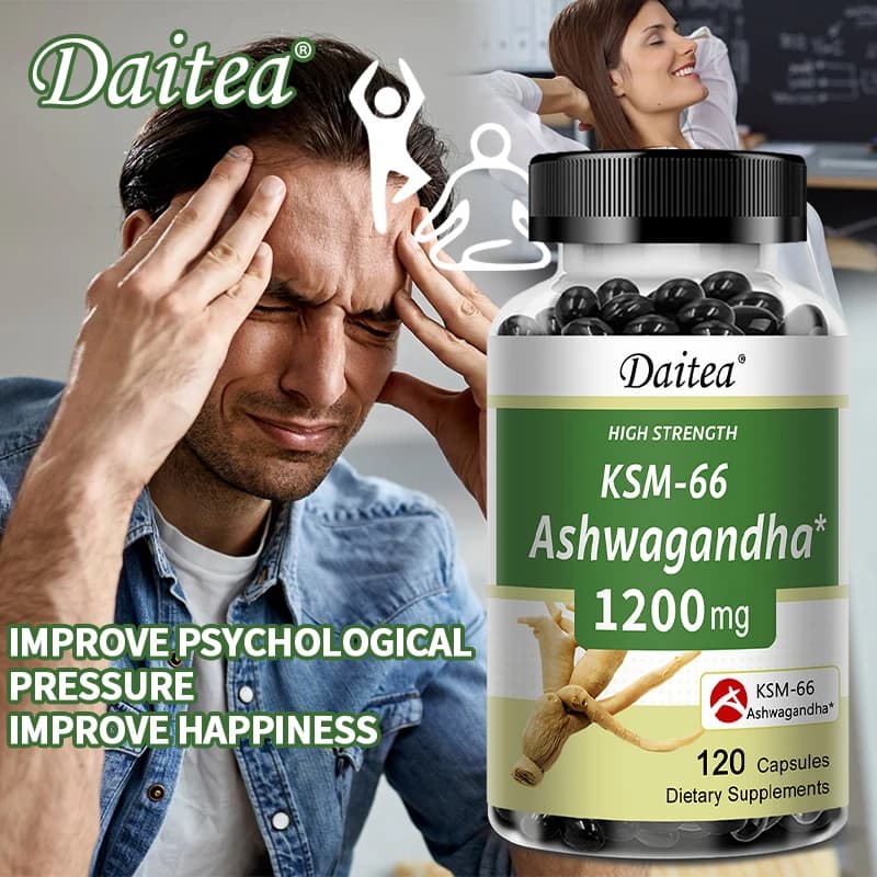 KSM-66 Ashwagandha Capsule 1200MG - Sollievo dall'ansia, Riduzione dello stress, Miglioramento del sonno, Integratore di supporto dell'umore