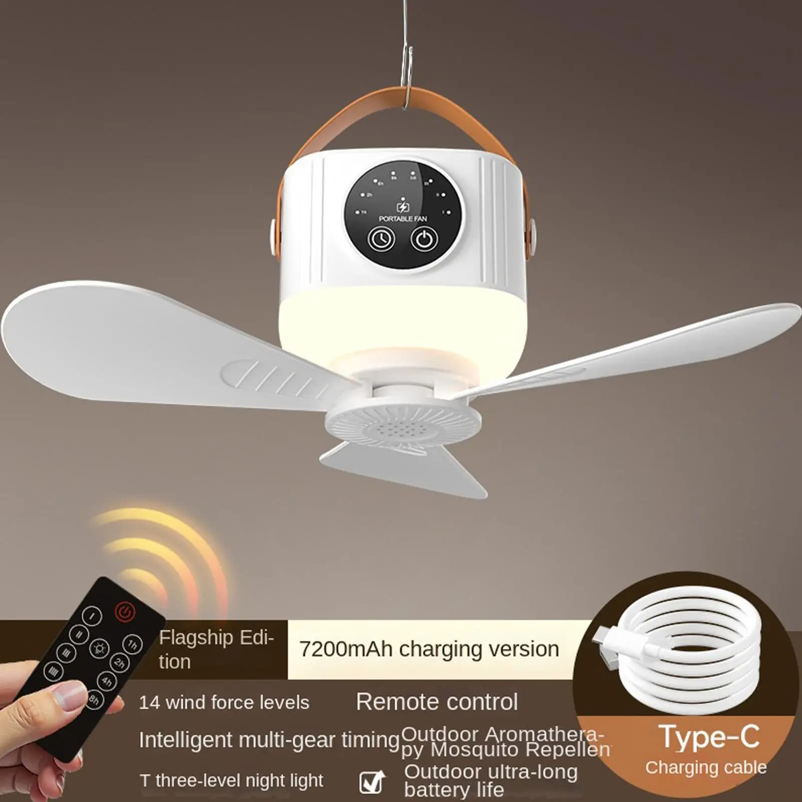 Rechargeable Hanging Fan 7200mAh 4 Speed Adjustable 3 Level Light USB Portable Ceiling Fan for Tent Camping Travel