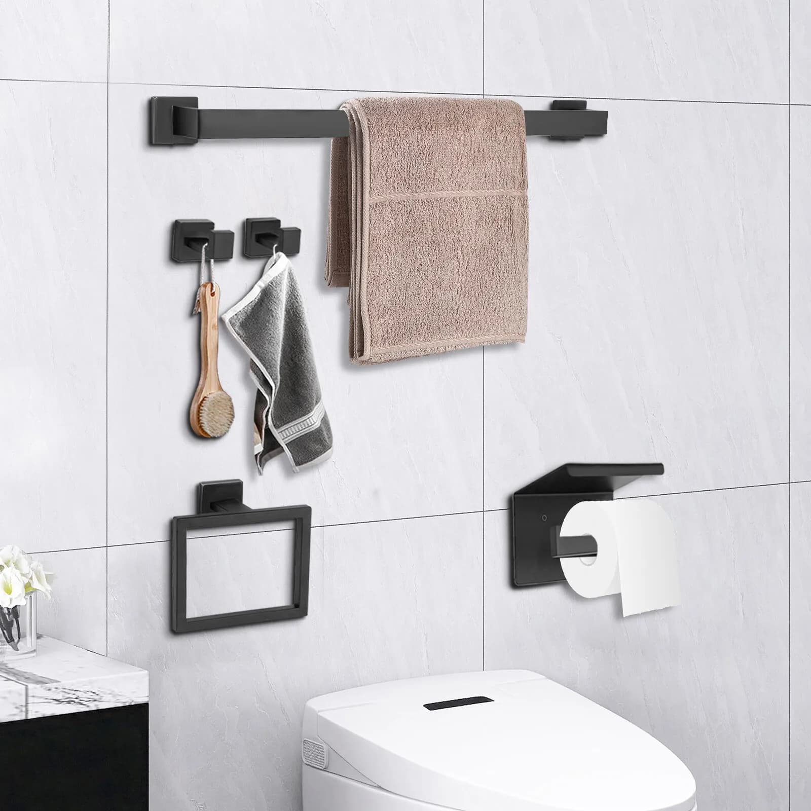 Set di accessori per il bagno per uso domestico, portasciugamani in acciaio inossidabile nero con design moderno e resistenza alla corrosione