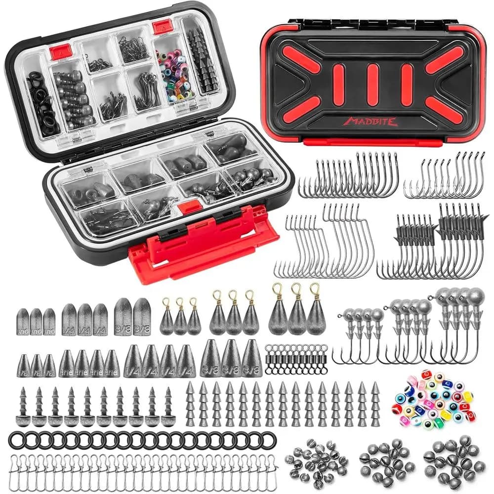 KastKing fishing kit 182-400 pieces: full box for fresh water equipment with hooks, weights, bass bobbers, trout and panfish