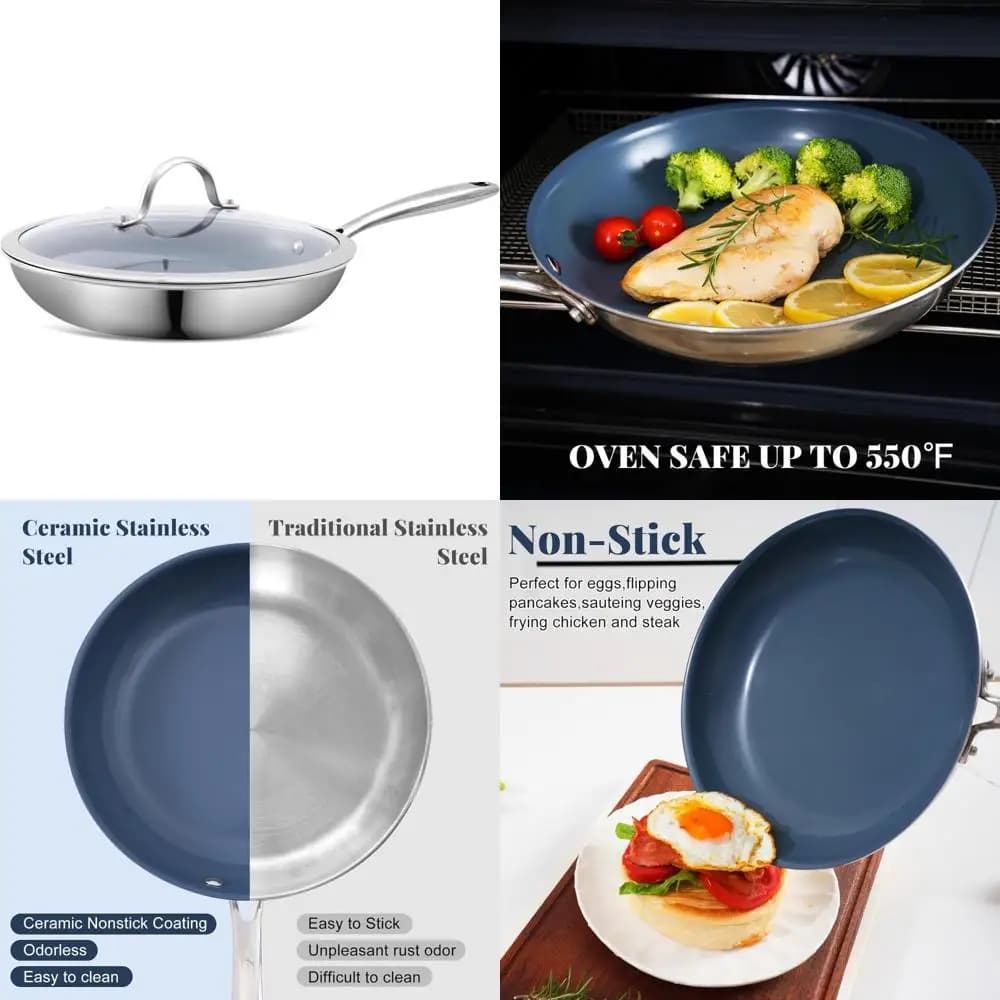 10 inch stainless steel non-stick pan with ceramic coating, healthy and non-toxic pots suitable for induction and ele