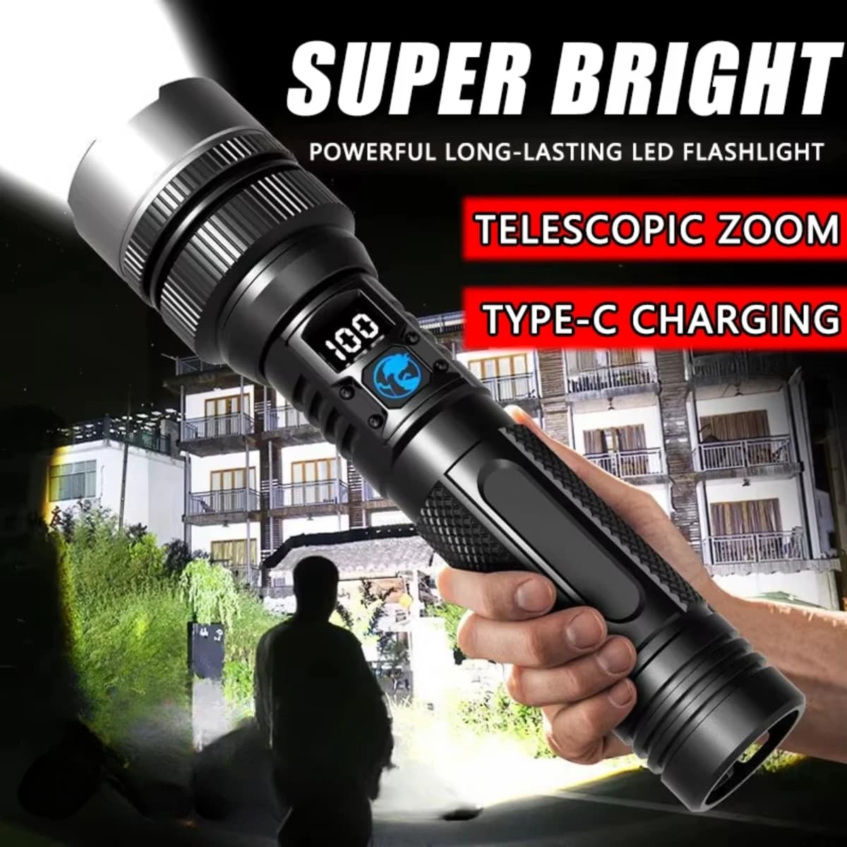 Potente torcia a LED con zoom e display digitale - Comoda torcia ricaricabile di tipo C per campeggio ed escursionismo