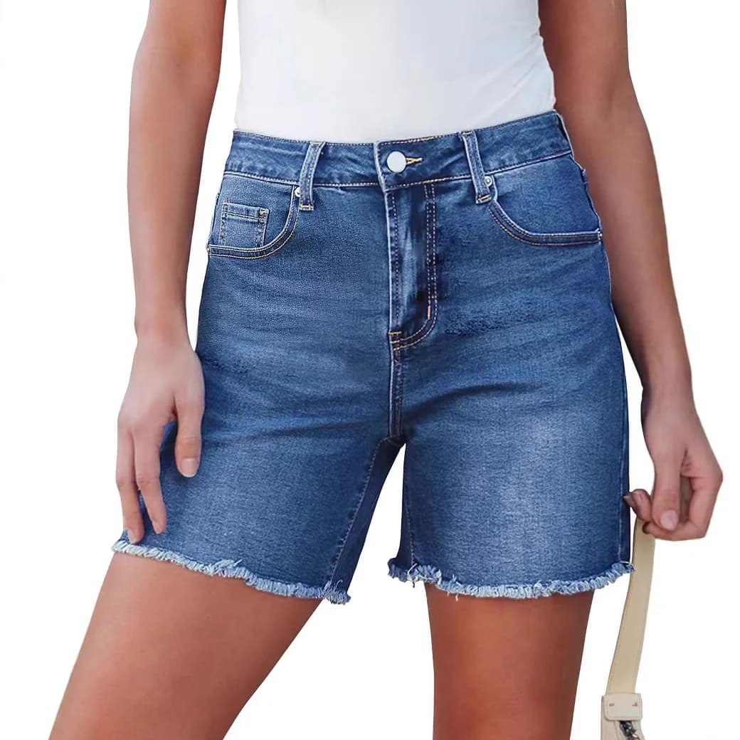 Women's jeans shorts in difficulty Jean High waist trousers Knee length Hanging hinge Washed solid pockets Summer casual pockets